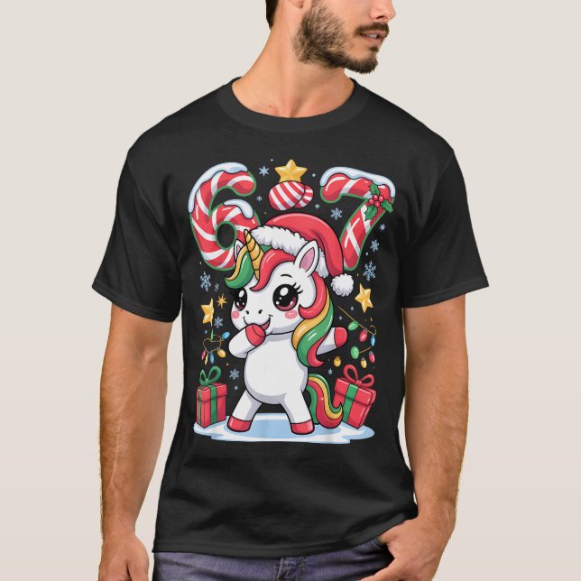 Six Seven Christmas Unicorn Meme Funny Cute Holida T-Shirt (Front)