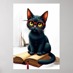 Six Seven Dark Academia Cat with Glasses Library N Poster