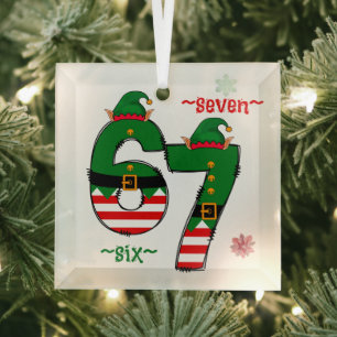 Six Seven Dressed In Elf Suits Christmas Glass Tree Decoration