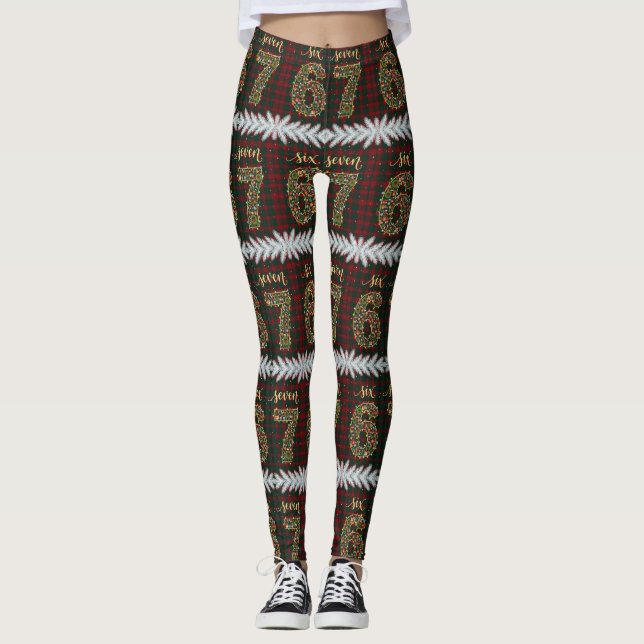 Six Seven Meme Festive Plaid Pattern 67 Christmas Leggings (Front)