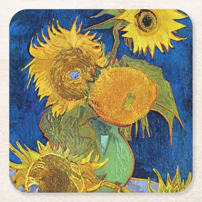 Six Sunflowers, Van Gogh Square Paper Coaster (Front)