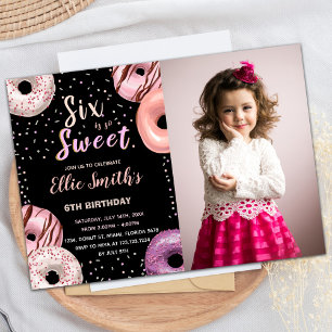 Six Sweet Black Pink Photo Doughnut Birthday Invitation