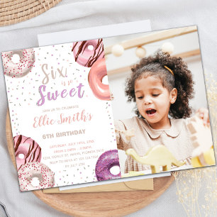 Six Sweet Pink Doughnut Birthday Invitations photo