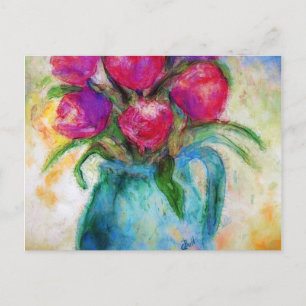 Six Tulips in Blue Vase, Flower art, Postcard