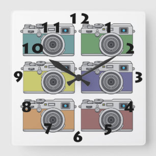 SIX VINTAGE PHOTO CAMERAS IN POP ART STYLE SQUARE WALL CLOCK