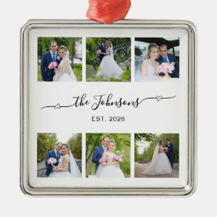 Six Wedding Photo Heart Swash Signature Metal Ornament