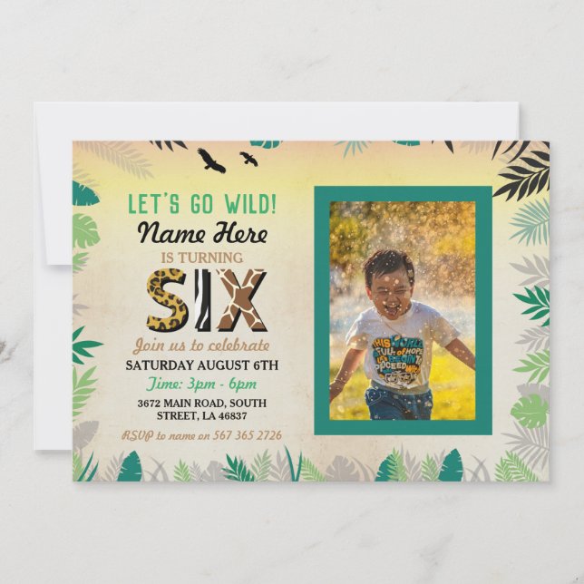 Six Wild 6th Birthday Party Safari ZOO Photo Invitation (Front)