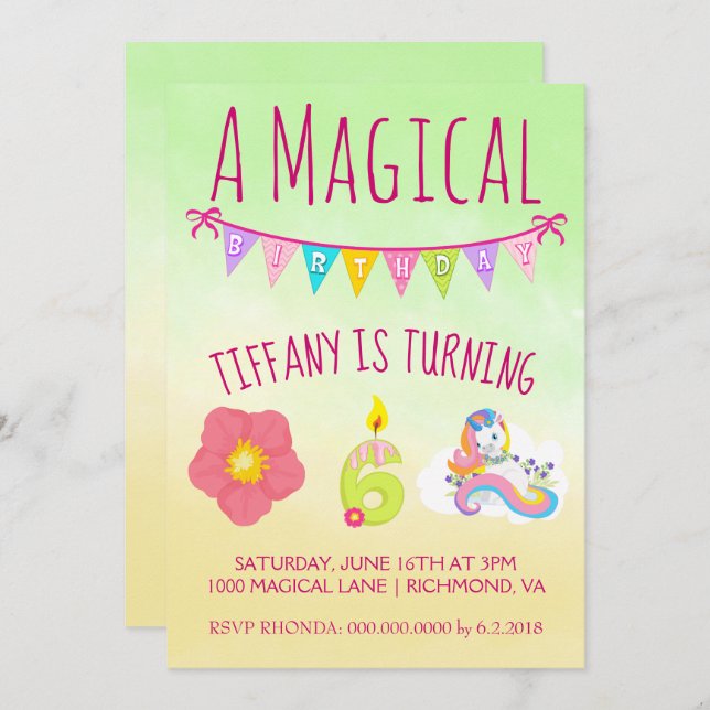 Six Years Old Unicorn Theme Birthday Party Invitation (Front/Back)
