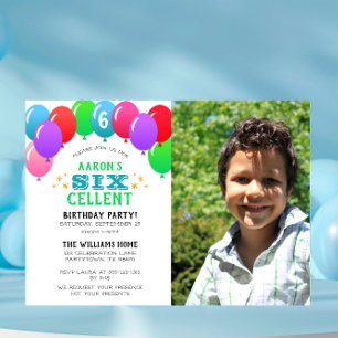 SIXcellent 6th Birthday Balloon Blue Photo Invitation