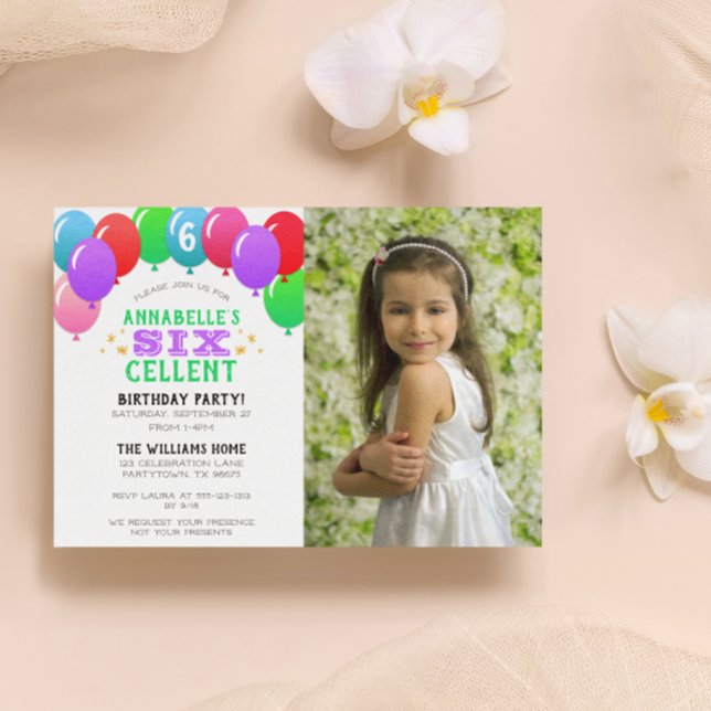 SIXcellent 6th Birthday Balloon Purple Photo Invitation (Creator Uploaded)