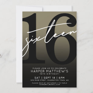 Sixteen Black Gold 16th Birthday Invitation