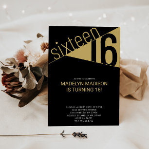 Sixteen   Black & Gold 16th Birthday Party Invitation