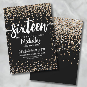 Sixteen Black Gold Glitter 16th Birthday Invitation