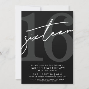 Sixteen Black  White 16th Birthday Invitation