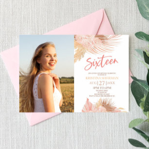 Sixteen Boho Pink Photo 16th Birthday Party Invitation