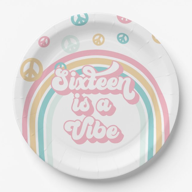 Sixteen is a Vibe Retro Summer Rainbow Paper Plate (Front)