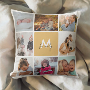 Sixteen Photo Collage Simple Monogram Family Cushion