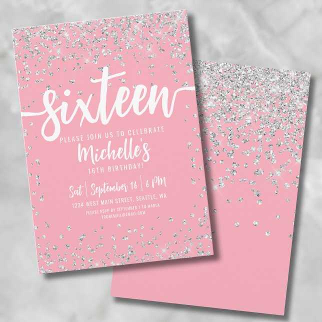 Sixteen Pink Glitter Elegant Chic Sweet 16 Invitation (16th Pink Glitter Sweet Sixteen Birthday Invitation)