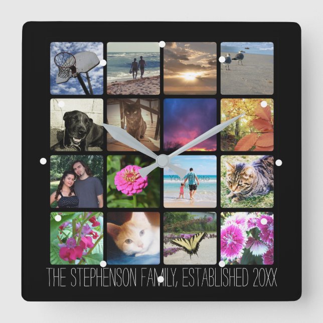 Sixteen Rounded Corners Photo Collage or Instagram Square Wall Clock (Front)