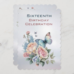Sixteenth Birthday Peonies and Butterfly Invite