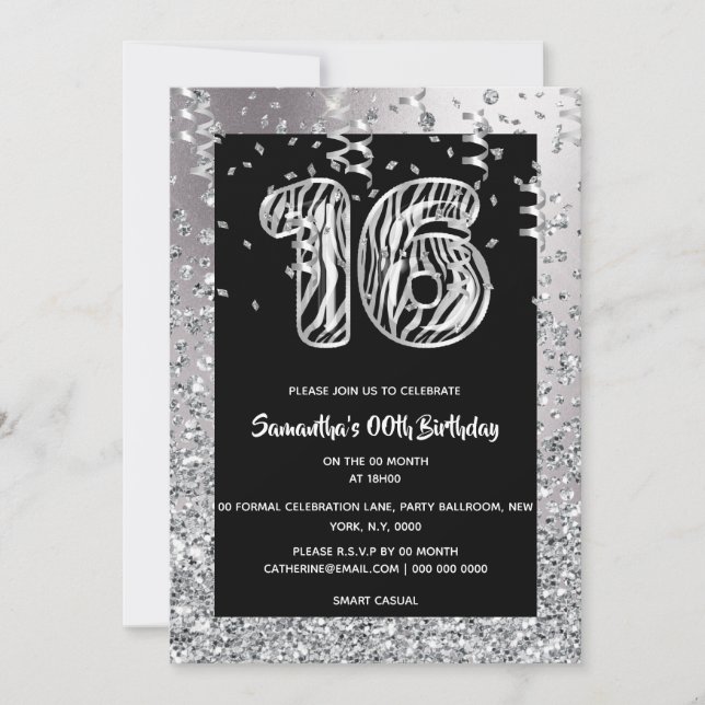 Sixteenth black silver zebra stripe glitter girls invitation (Front)