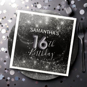 Sixteenth Silver Glitter and black Birthday Napkin