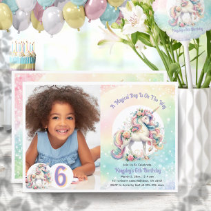 Sixth 6th Unicorn Theme Birthday Pastel Rainbow Invitation