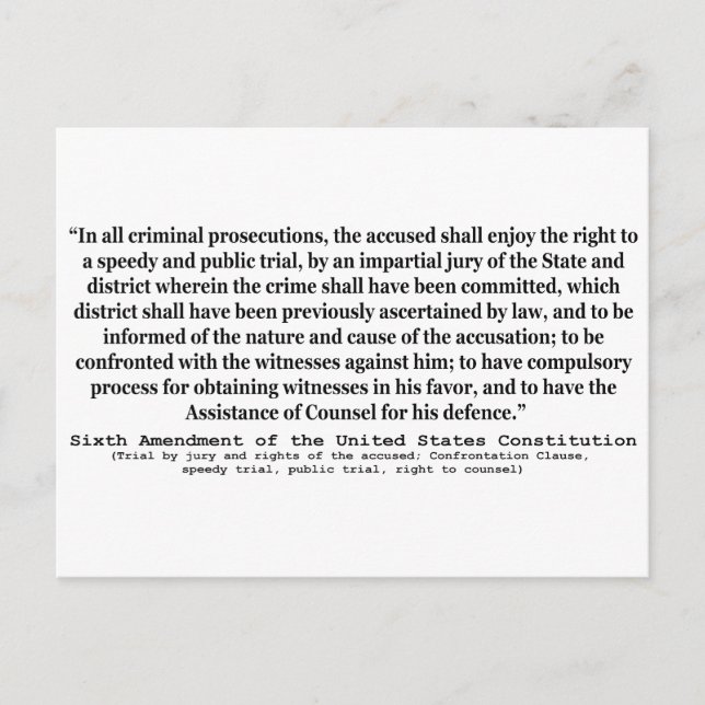 Sixth Amendment to the United States Constitution Postcard (Front)