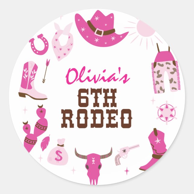 Sixth Rodeo Pink Western Cowboy 6th Birthday Classic Round Sticker (Front)