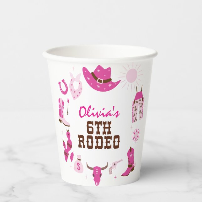 Sixth Rodeo Pink Western Cowboy 6th Birthday Paper Cups (Front)