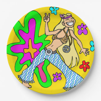 Sixties Flower Child and Peace Sign Bright Colours Paper Plate