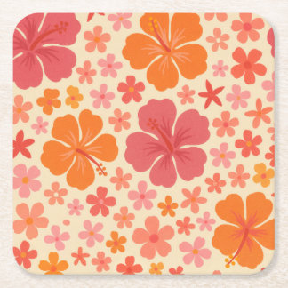 Sixties Hawaiian hibiscus pattern Square Paper Coaster