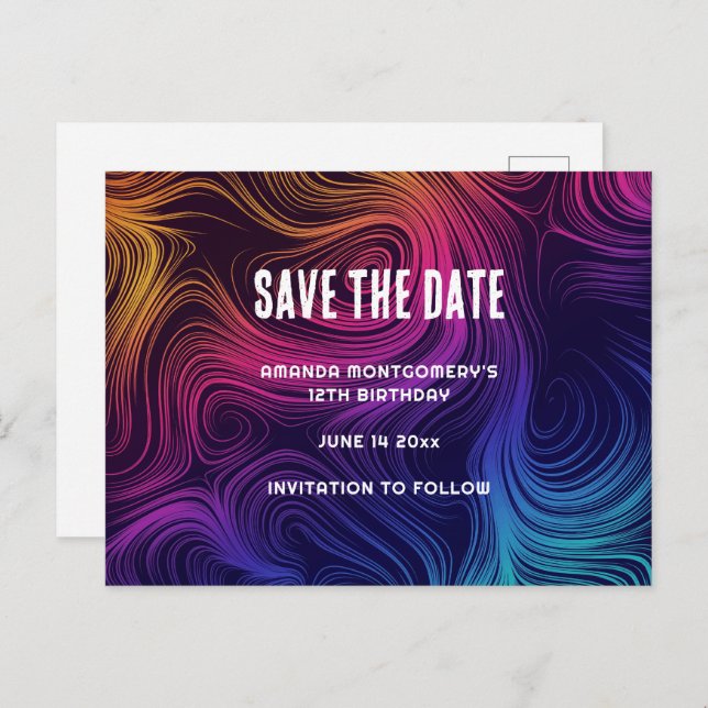 Sixties Vibe Circles & Swirls Cool Save the Date Invitation Postcard (Front/Back)
