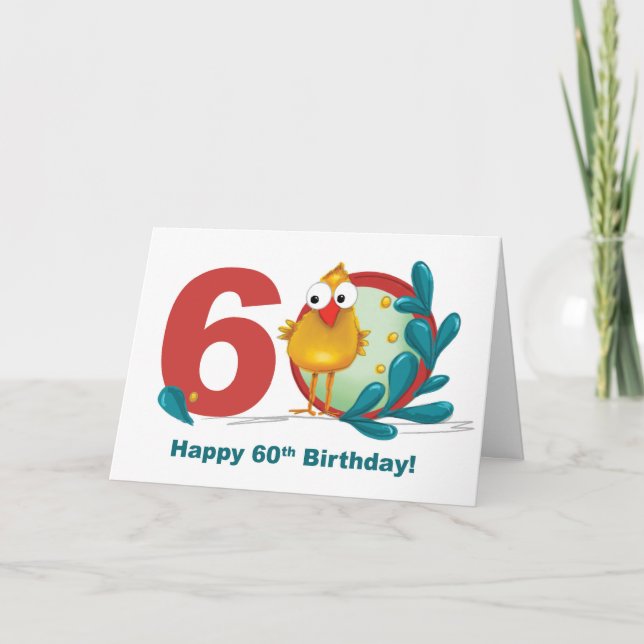 Sixtieth 60 Birthday with Funny Bird and Branch Card (Front)