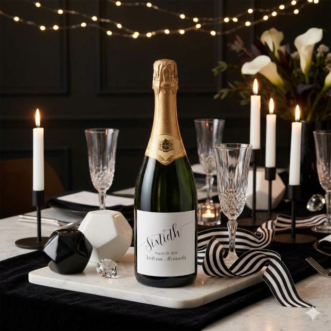 Sixtieth Birthday Elegant Black Script Personalise Sparkling Wine Label (Sixtieth Birthday Elegant Black Script Personalized)