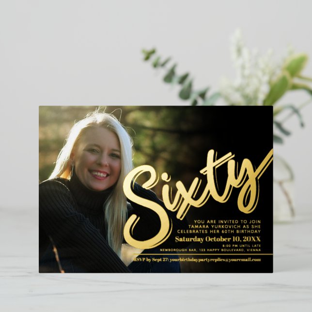 Sixty 60th Birthday custom photo script gold (Standing Front)