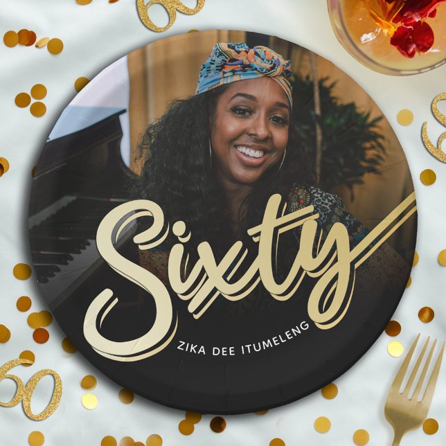 Sixty 60th Birthday custom photo script gold colou Paper Plate (Creator Uploaded)