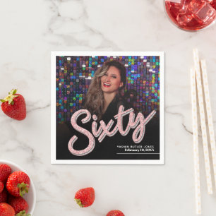 Sixty 60th Birthday custom photo script pink Napkin