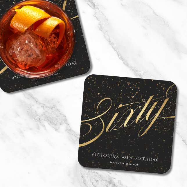 Sixty 60th Birthday Gold Black Elegant Calligraphy Square Paper Coaster (Mockup View)