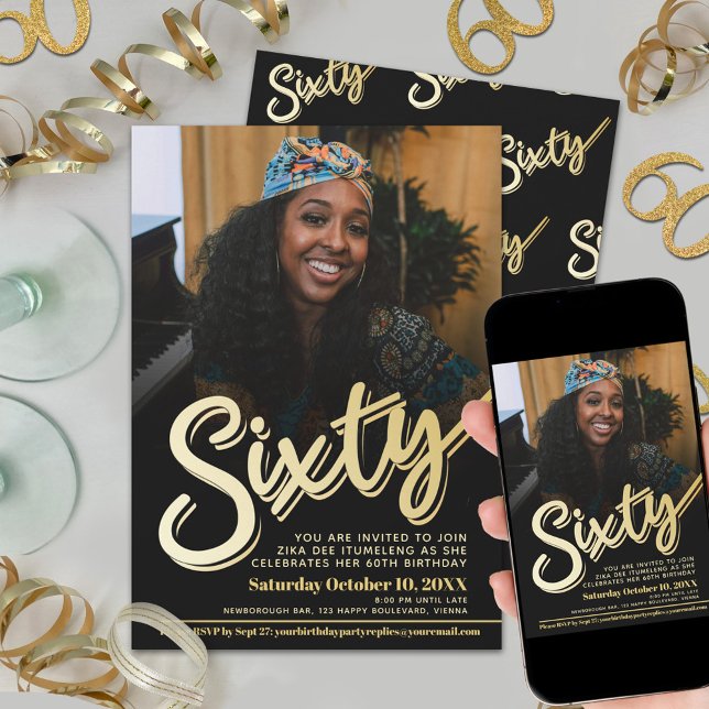 Sixty 60th Birthday photo script flat gold colour Invitation (Creator Uploaded)