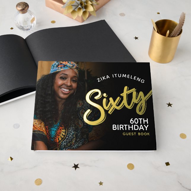 Sixty 60th birthday photos black gold guest book (Front Open)
