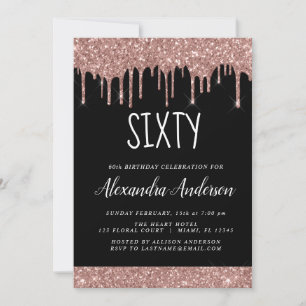 Sixty - 60th Glitter Rose Gold Black Birthday Invitation