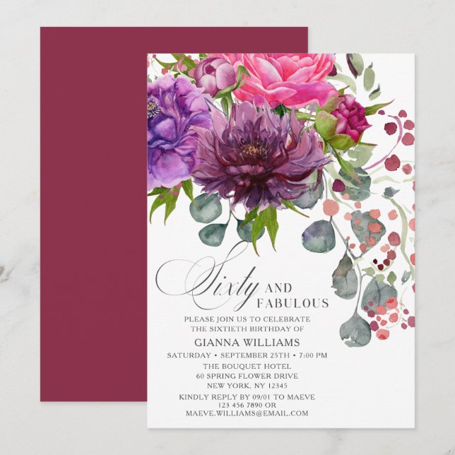 Sixty and Fabulous Elegant Floral 60th Birthday Invitation (Front/Back)