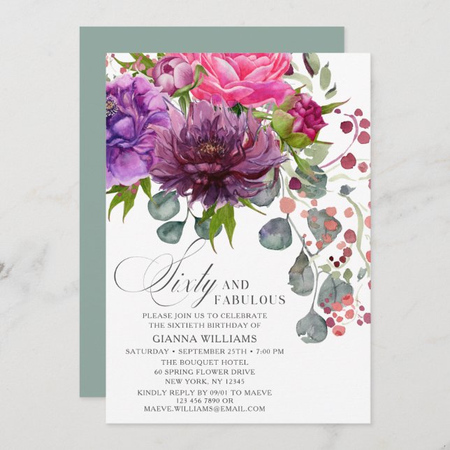 Sixty and Fabulous Elegant Floral 60th Birthday Invitation (Front/Back)