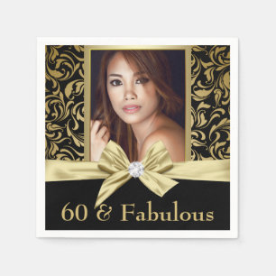 Sixty and Fabulous gold black damask 60th Birthday Napkin