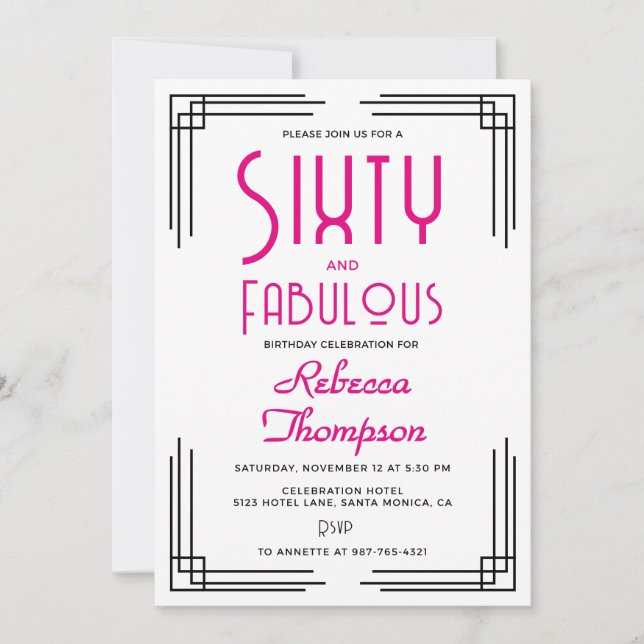 Sixty and Fabulous Hot Pink Art Deco 60th Birthday Invitation (Front)