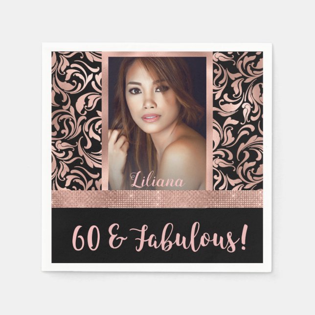 Sixty and Fabulous rose gold damask 60th Birthday Napkin (Front)