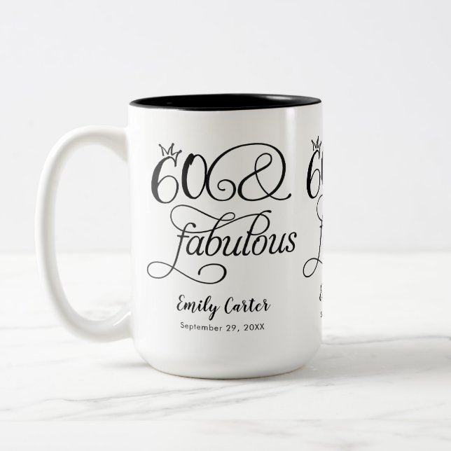 Sixty and Fabulous Script 60th Birthday Party Two-Tone Coffee Mug (Left)