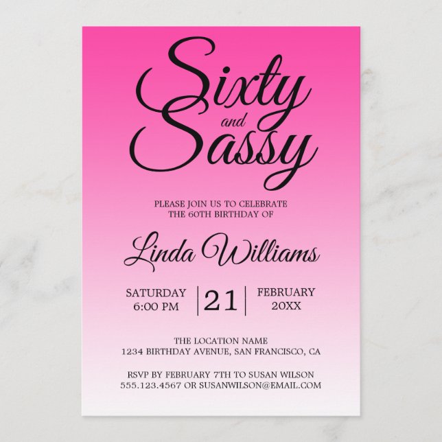 Sixty and Sassy Hot Pink Ombre 60th Birthday Invitation (Front)