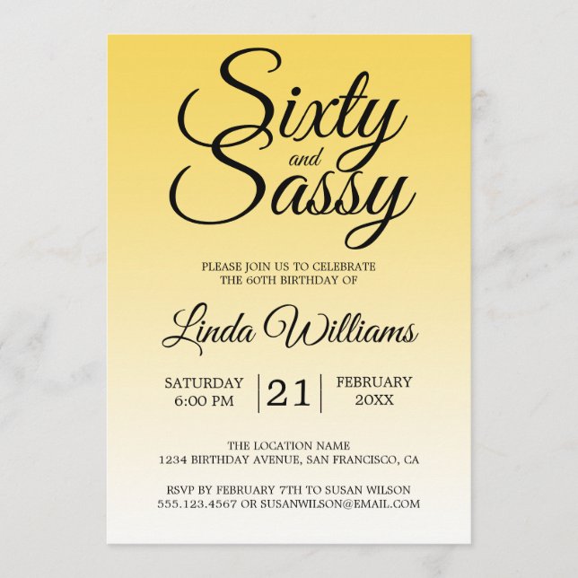 Sixty and Sassy Lemon Yellow Ombre 60th Birthday Invitation (Front)